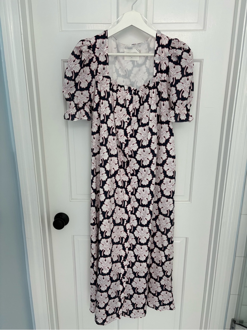 Hyacinth House Midi Dress with ruffled shoulders and button detail